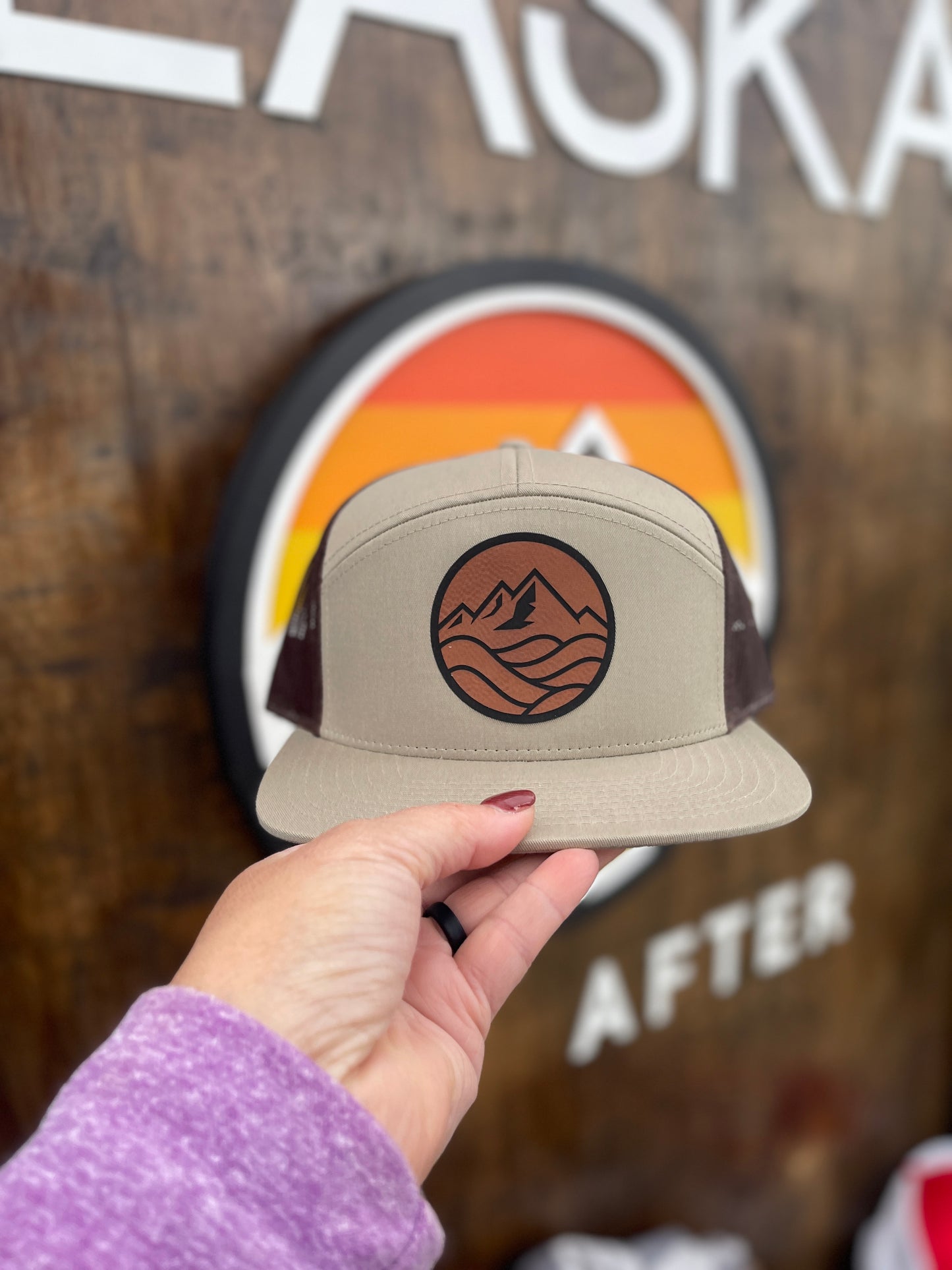 Flat Bill Hat, 7P, Brown Faux Leather Patch