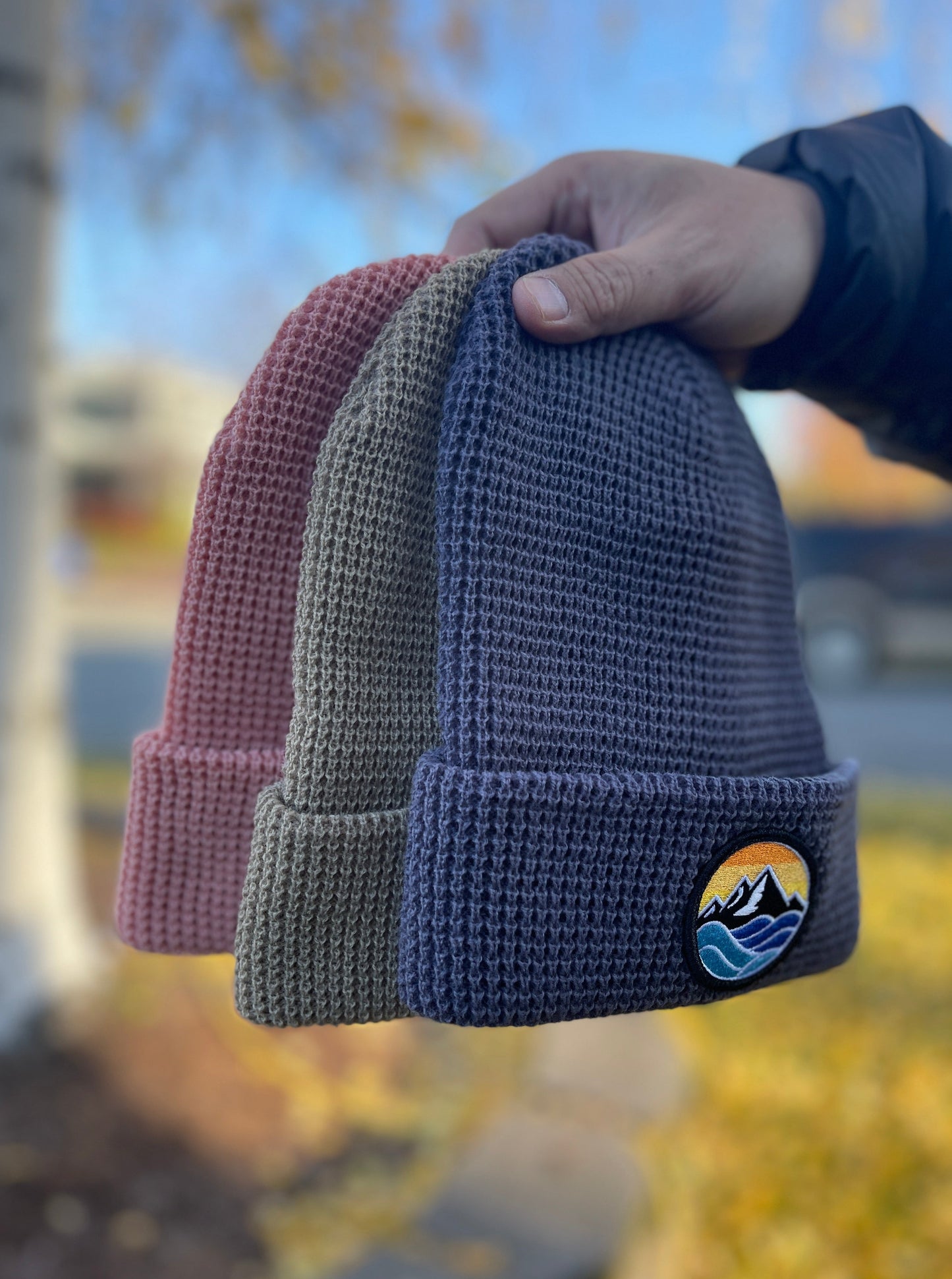 Beanie - Waffle Knit Color Logo Patch