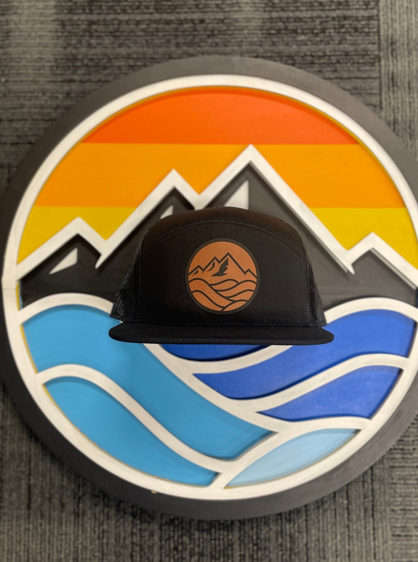 Flat Bill Hat, 7P, Brown Faux Leather Patch